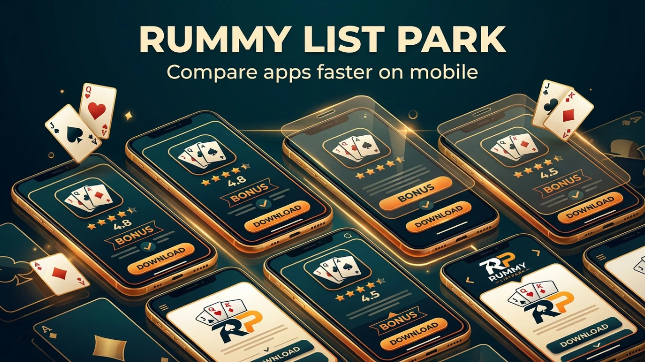 Rummy List Park banner showing app comparison cards in a premium mobile grid